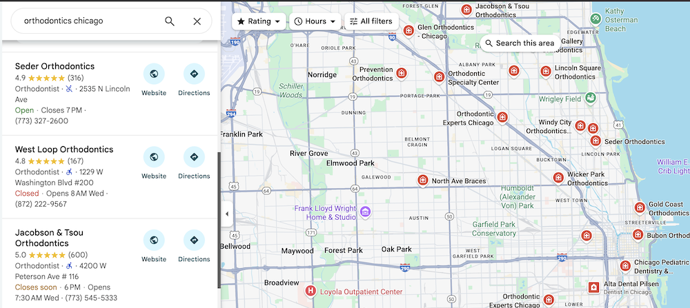 Search for orthodontics in chicago shows keyword in business name and its importance