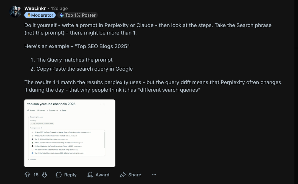 Weblinkr Reddit Post on AI LLM SEO Search Ranking Factors