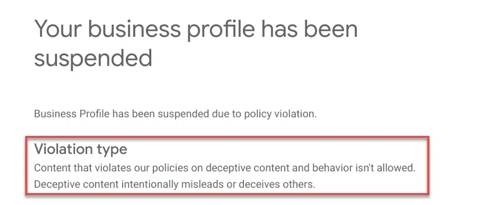Google Business Profile Suspended Notice Banner