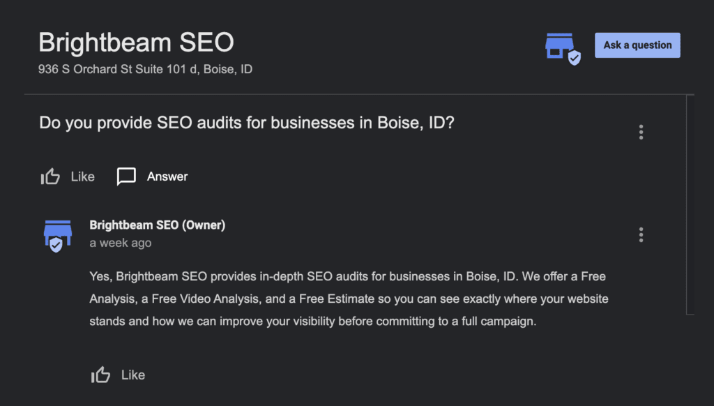 Question and answers section in the GBP