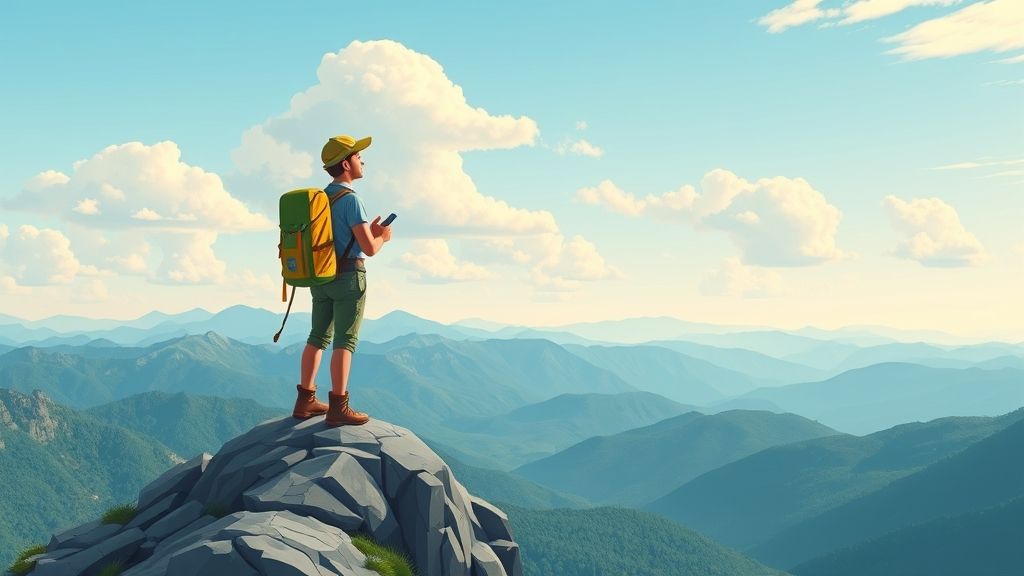 image of a guide standing on the top of a mountain looking into the distance